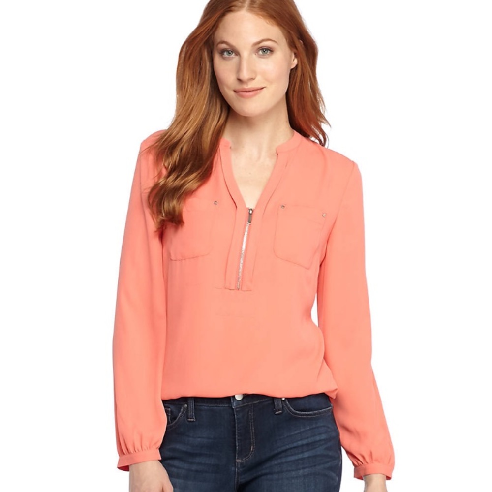 The Limited Two Pocket Zip Front Blouse - Coral -L